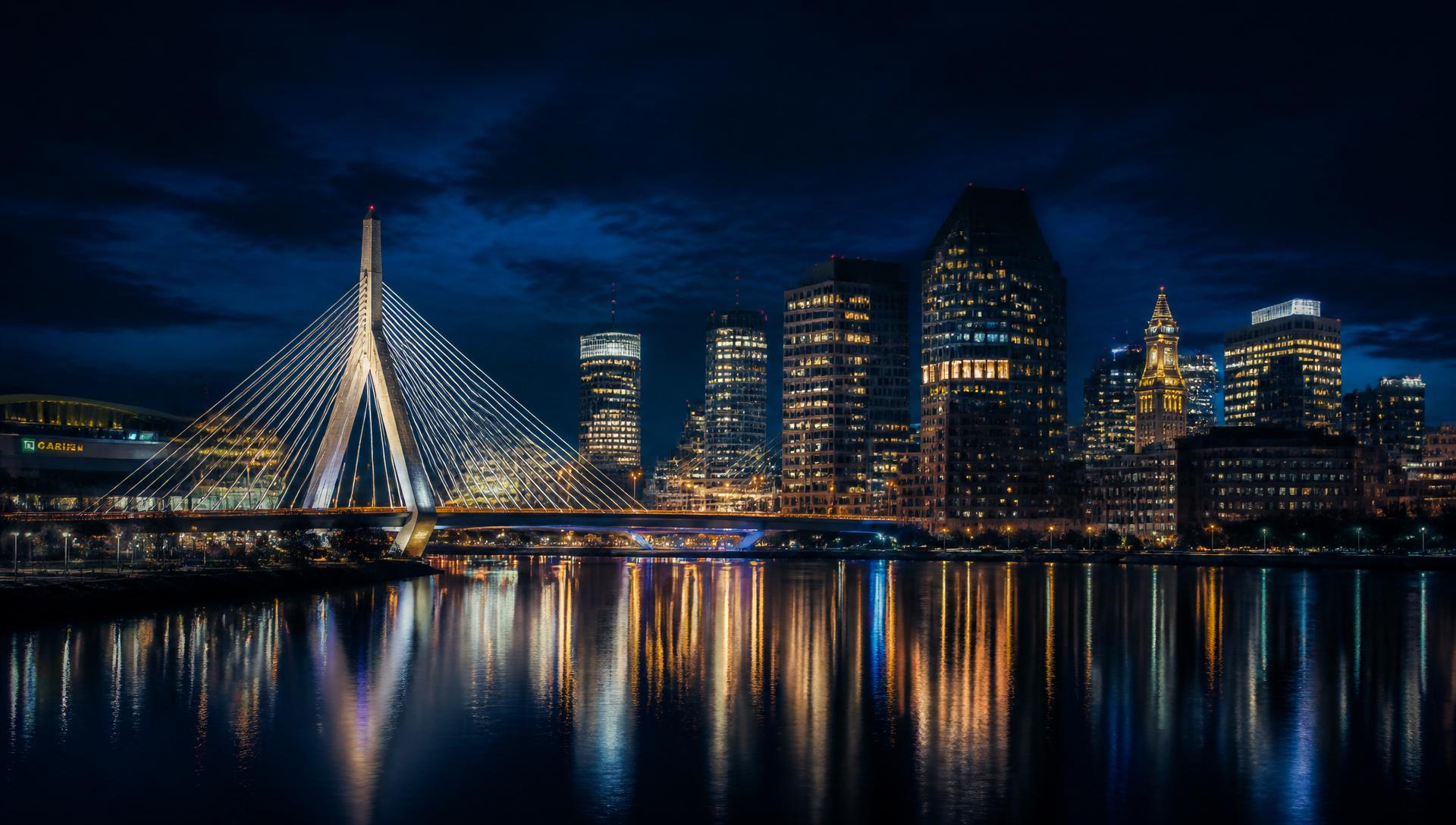 Skyline de Boston à noite com a ponte Zakim iluminada